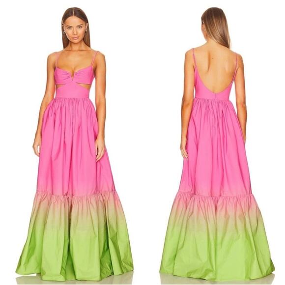 SAU LEE Nova Cutout Pink Chartreuse Green Ombre Maxi Gown Size 2 - Picture 1 of 12